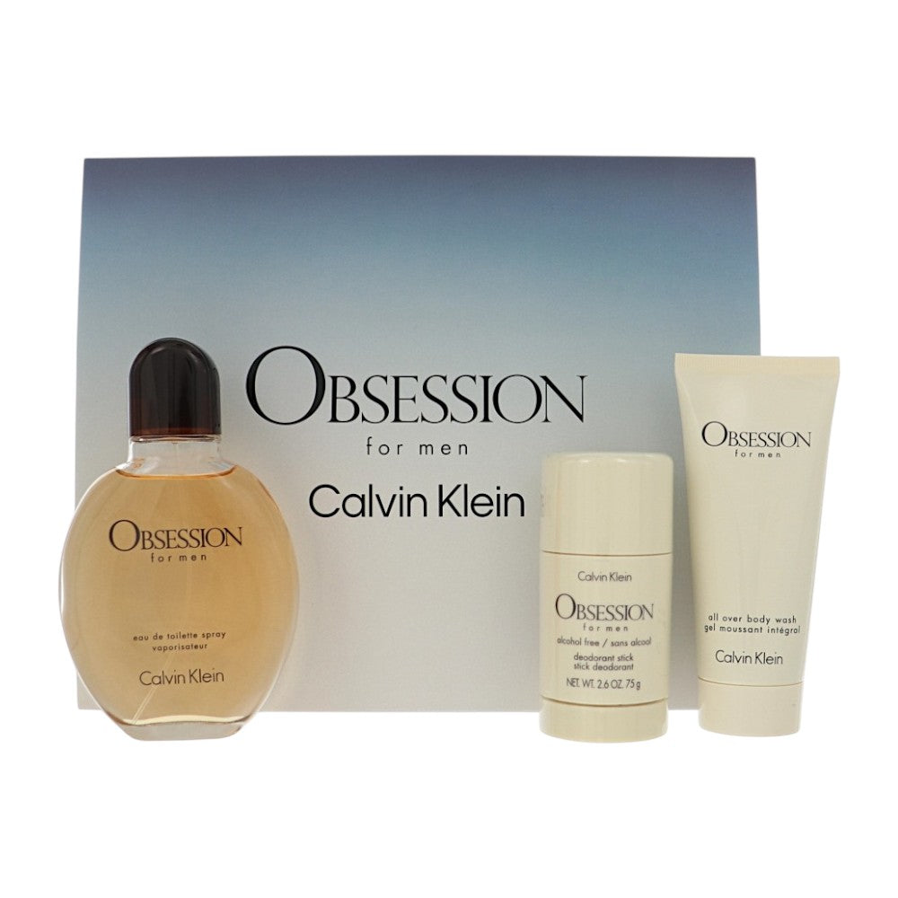 Obsession by Calvin Klein for Men - 3 Piece Gift Set - 4.2 oz EDT Spray, 2.6 oz Deodorant Stick, 3.3 oz All Over Body Wash