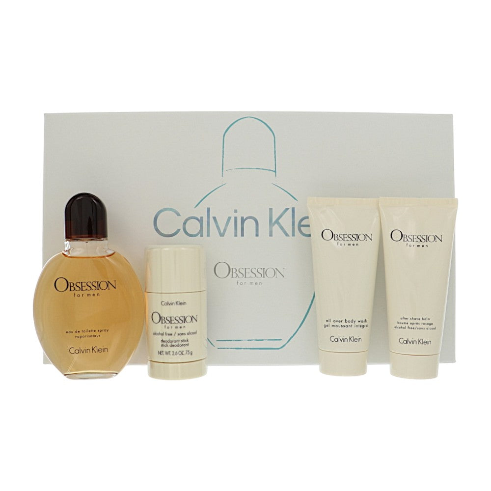 Obsession by Calvin Klein for Men - 4 Piece Set For Men: 4 Piece Gift Set - 4.2 oz EDT Spray, 2.6 oz Deodorant Stick, 3.3 oz All Over Shower Gel, 3.3 oz After Shave Balm