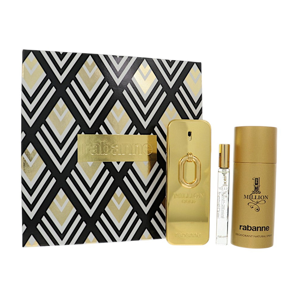One Million Gold Intense by Paco Rabanne for Men - 3 Piece Gift Set For Men - 3.4 oz EDP Spray, 0.34 oz EDP Spray, 5.1 oz Deodorant Spray