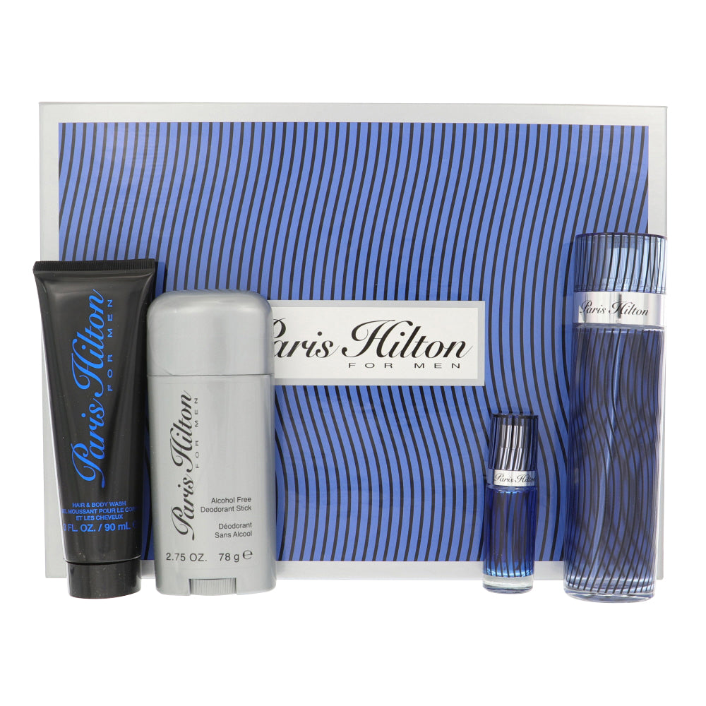 Paris Hilton by Paris Hilton for Men - 4 Piece Set For Men: 3.4 oz EDT Spray, 0.25 oz EDT Spray, 3 oz Hair and Body Wash, 2.75 oz Alcohol Free Deodorant Stick