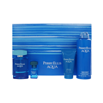 Perry Ellis Aqua by Perry Ellis for Men - 4 Piece Set For Men: 3.4 oz EDT Spray, 0.25 oz EDT Spray, 6 oz Deodorizing Body Spray, 1.7 oz Shower Gel