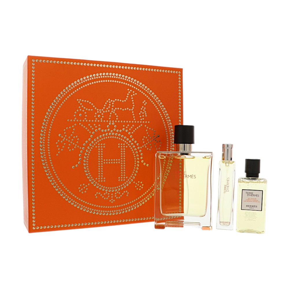 Terre Dhermes by Hermes for Men - 3 Piece Gift Set For Men - 3.3 oz EDT Spray, 0.5 oz EDT Spray, 1.35 oz Hair And Body Shower Gel