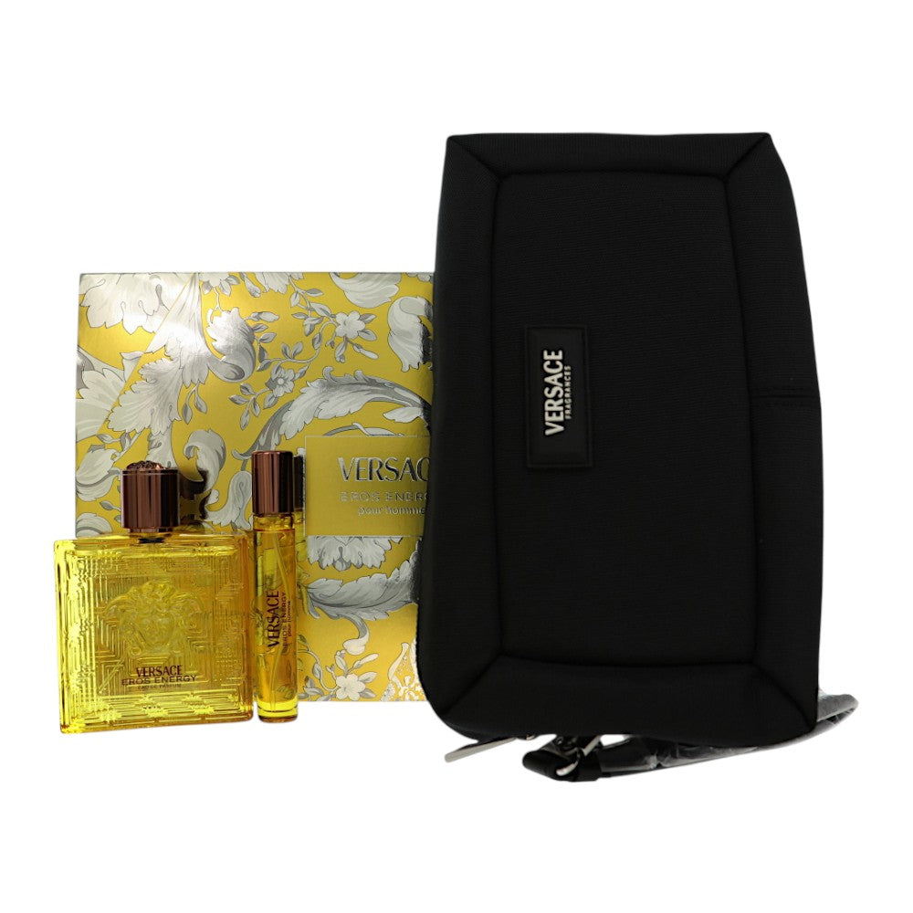 Eros Energy by Versace for Men - 3 Piece Gift Set For Men - 3.4 oz EDP Spray, 0.3 oz EDP Spray, Pouch