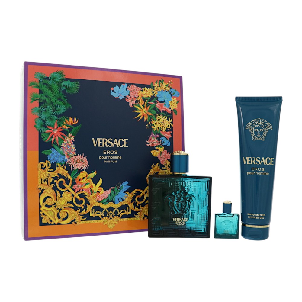 Versace Eros by Versace for Men - 3 Piece Gift Set For Men - 3.4 oz Parfum Spray, 0.17 oz Parfum Splash, 5.0 oz Invigorating Shower Gel