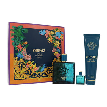 Versace Eros by Versace for Men - 3 Piece Gift Set For Men - 3.4 oz Parfum Spray, 0.17 oz Parfum Splash, 5.0 oz Invigorating Shower Gel