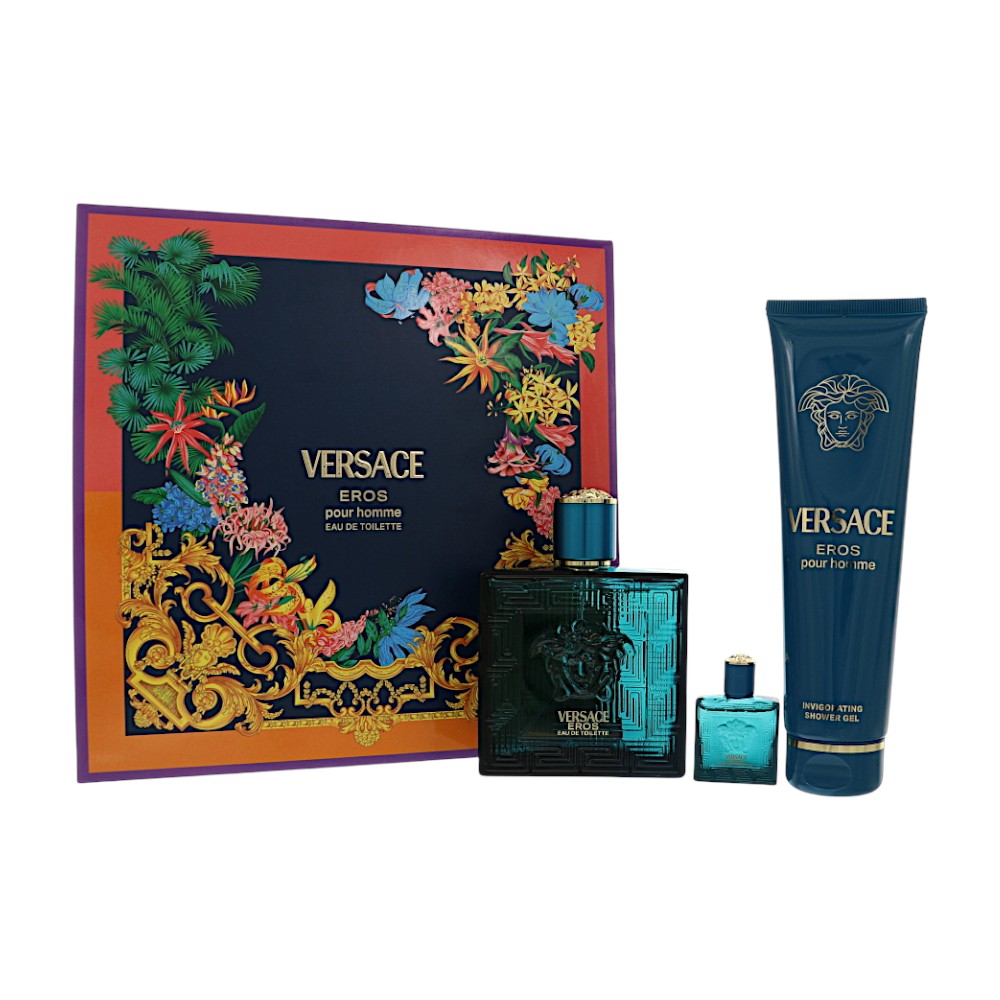 Versace Eros by Versace for Men - 3 Piece Gift Set For Men - 3.4 oz EDT Spray, 0.17 oz EDT Spray, 5.0 oz Invigorating Shower Gel