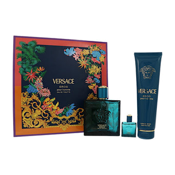 Versace Eros by Versace for Men - 3 Piece Gift Set For Men - 3.4 oz EDT Spray, 0.17 oz EDT Spray, 5.0 oz Invigorating Shower Gel