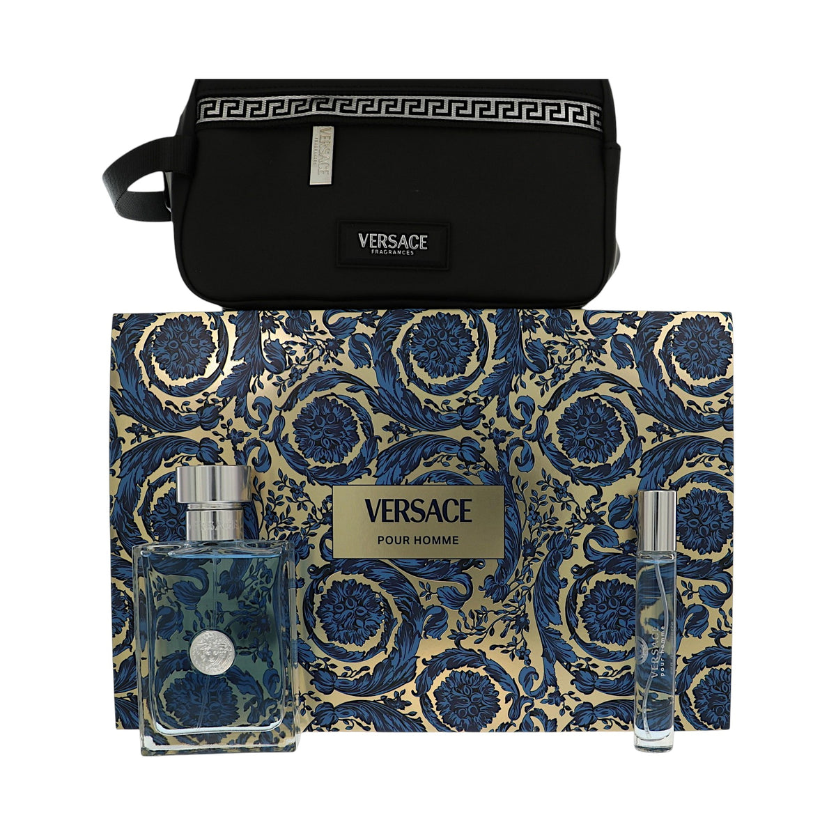 Versace Pour Homme by Versace for Men - 3 Piece Set For Men: 3.4 oz EDT Spray, 0.3 oz EDT Spray, Travel Pouch