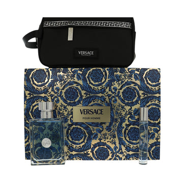 Versace Pour Homme by Versace for Men - 3 Piece Set For Men: 3.4 oz EDT Spray, 0.3 oz EDT Spray, Travel Pouch