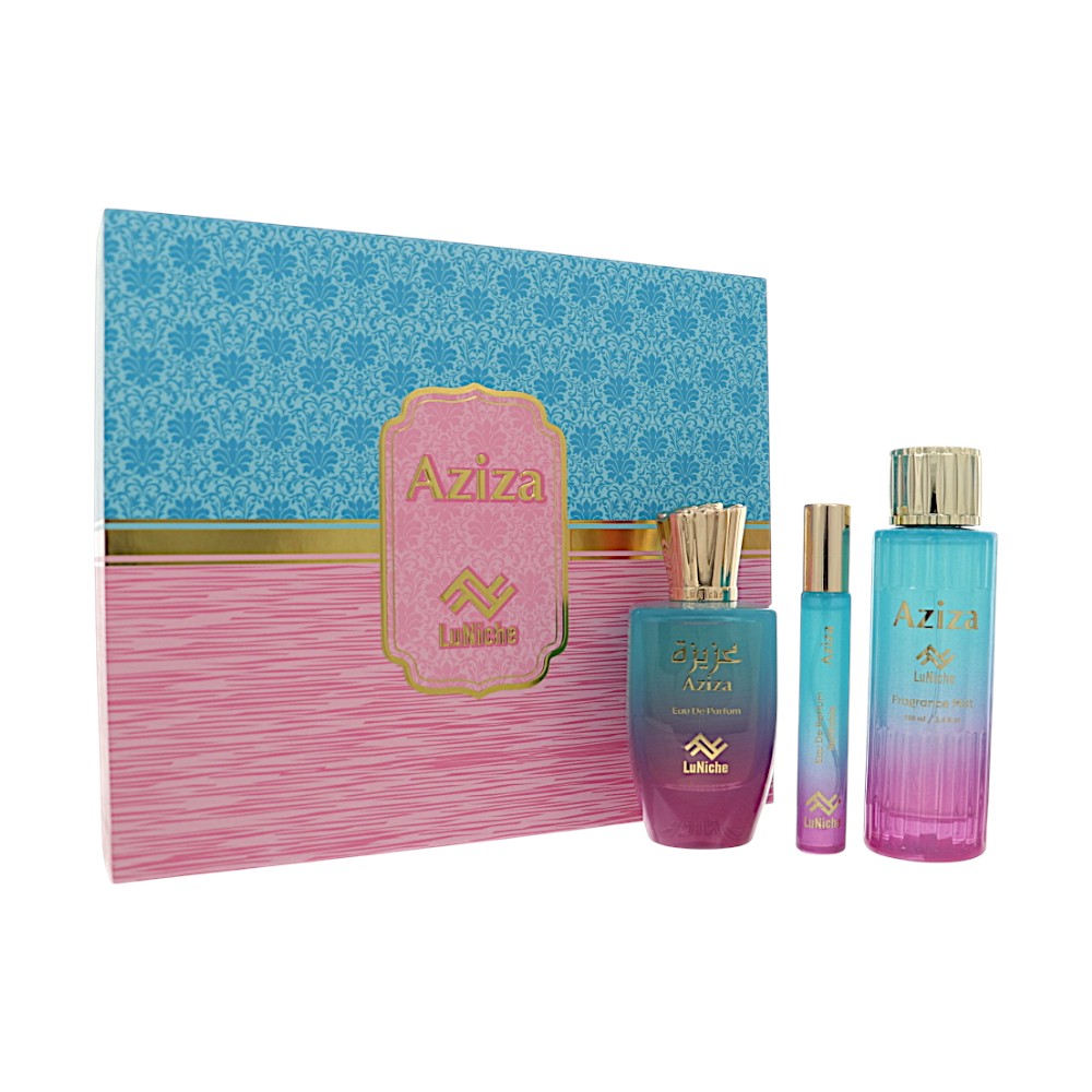 Aziza by Luniche for Unisex - 3 Piece Set For Unisex: 3.4 oz EDP Spray, 0.3 oz Edp, 3.4 oz Fragrance Mist