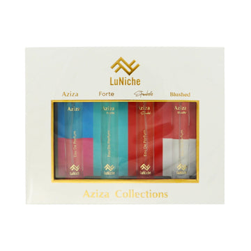 Aziza by Luniche for Unisex - 4 Piece Set For Unisex: 0.3 oz Aziza EDP Spray, 0.3 oz Aziza Forte EDP Spray, 0.3 oz Aziza Strawbelle EDP Spray, 0.3 oz Aziza Blushed EDP Spray