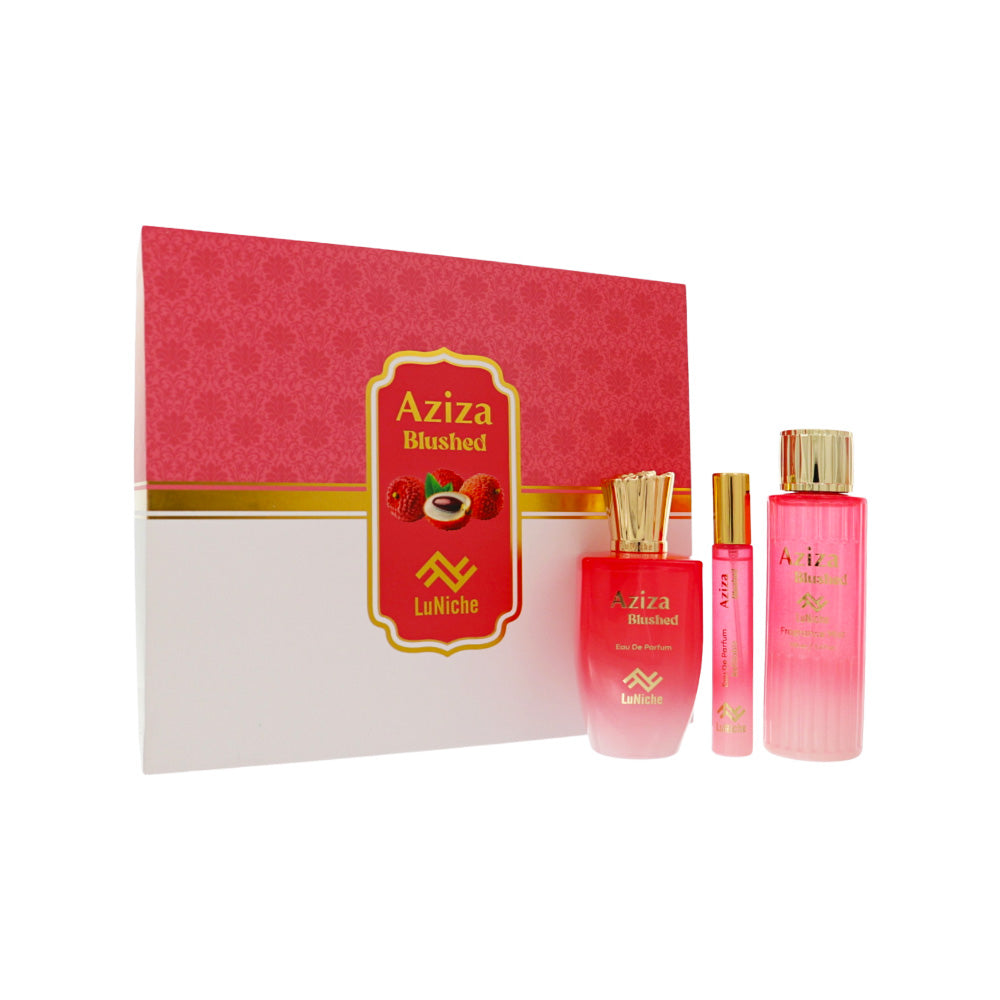 Aziza Blushed by Luniche for Unisex - 3 Piece Set For Unisex: 3.4 oz EDP Spray, 0.3 oz EDP Spray, 3.4 oz Fragrance Mist