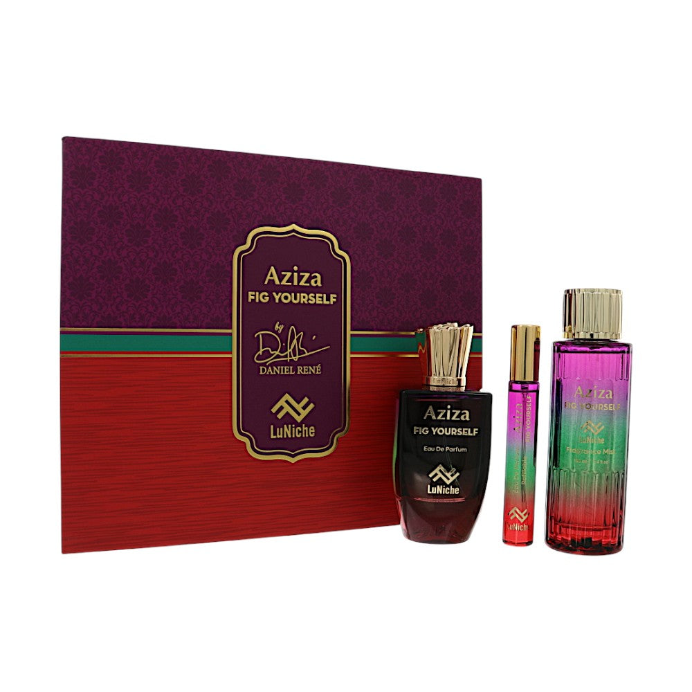 AZIZA FIG YOURSELF x DANIEL RENE by Luniche for Unisex - 3 Piece Set For Unisex: 3.4 oz EDP Spray, 0.3 oz EDP Spray, 3.4 oz Fragrance Mist