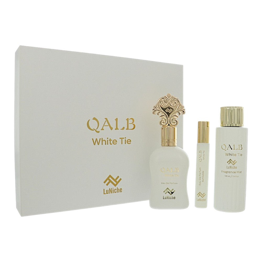 Qalb White Tie by Luniche for Unisex - 3 Piece Set For Unisex: 3.4 oz EDP Spray, 0.3 oz Edp, 3.4 oz Fragrance Mist