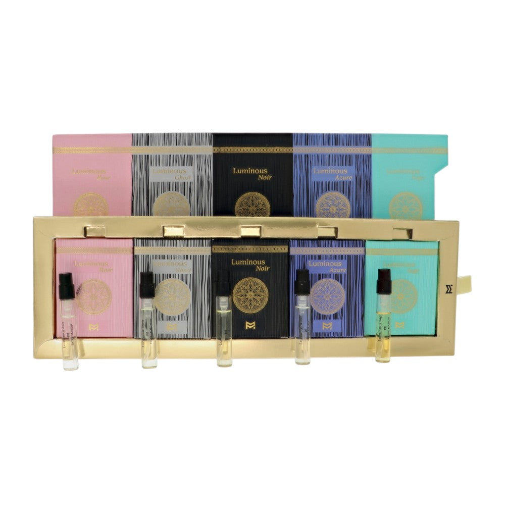 Luminous Luxury Boxed Discovery Set by Patek Maison for Unisex - 5 Piece EDP Set For Unisex: 0.1 oz Luminous Rose, 0.1 oz Luminous Ghost , 0.1 oz Luminous Noir , 0.1 oz Luminous Azure , 0.1 oz Luminous Sage