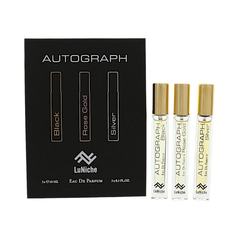 Autograph Discovery Set by Luniche for Unisex - 3 Piece Set For Unisex: 0.3 oz Black EDP Spray, 0.3 oz Rose Gold EDP Spray, 0.3 oz Silver EDP Spray