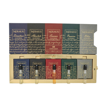 Merakai Luxury Discovery Set by Patek Maison for Unisex - 5 Piece Gift Set - 0.10 oz Devotion EDP Spray, 1.10 oz Absolute EDP Spray, 0.10 oz Essence EDP Spray,0.10 oz Passion EDP Spray,0.10 oz Bliss EDP Spray oz