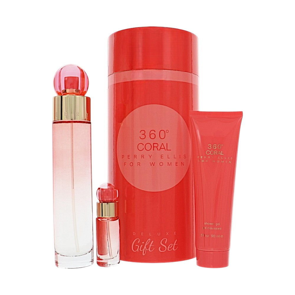 Perry Ellis 360 Coral by Perry Ellis for Women - 3 Piece Set For Women: 3.4 oz EDP Spray, 0.25 oz EDP Spray, 3 oz Shower Gel