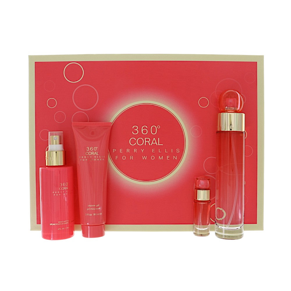 360 Degrees Coral by Perry Ellis for Women - 4 Piece Set For Women: 3.4 oz EDP Spray, 0.25 oz EDP Spray, 3 oz Shower Gel, 4 oz Body Mist Spray