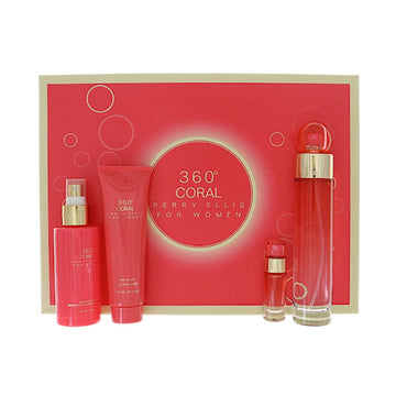 360 Degrees Coral by Perry Ellis for Women - 4 Piece Set For Women: 3.4 oz EDP Spray, 0.25 oz EDP Spray, 3 oz Shower Gel, 4 oz Body Mist Spray
