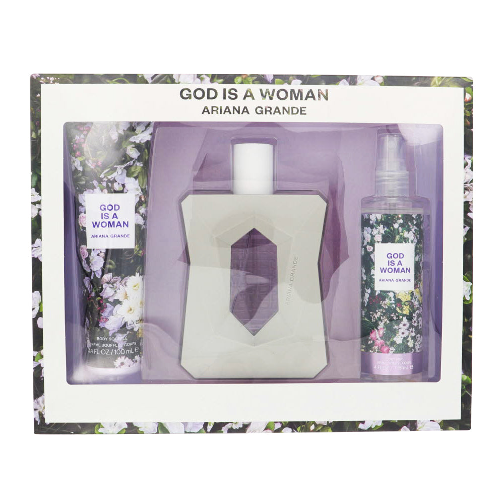 God Is A Woman by Ariana Grande for Women - 3 Piece Set For Women: 3.4 oz EDP Spray, 4 oz Body Mist, 3.4 oz Body Souffle