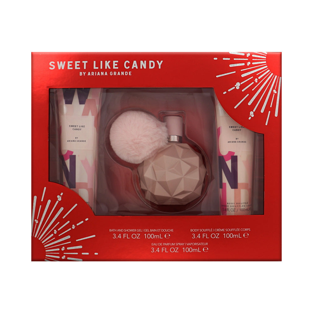 Sweet Like Candy by Ariana Grande for Women - 3 Piece Set For Women: 3.4 oz EDP Spray, 3.4 oz Bath and Shower Gel, 3.4 oz Body Souffle