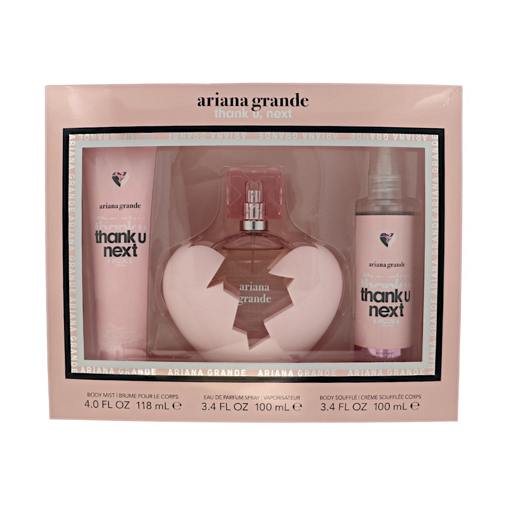 Thank U,Next by Ariana Grande for Women - 3 Piece Set For Women: 3.4 oz EDP Spray, 4 oz Body Mist, 3.4 oz Body Souffle