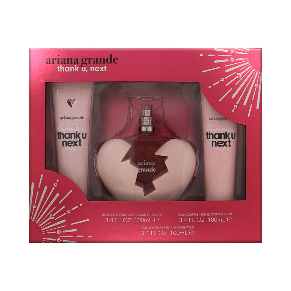 Thank U, Next by Ariana Grande for Women - 3 Piece Set For Women: 3.4 oz EDP Spray, 3.4 oz Bath and Shower Gel, 3.4 oz Body Souffle