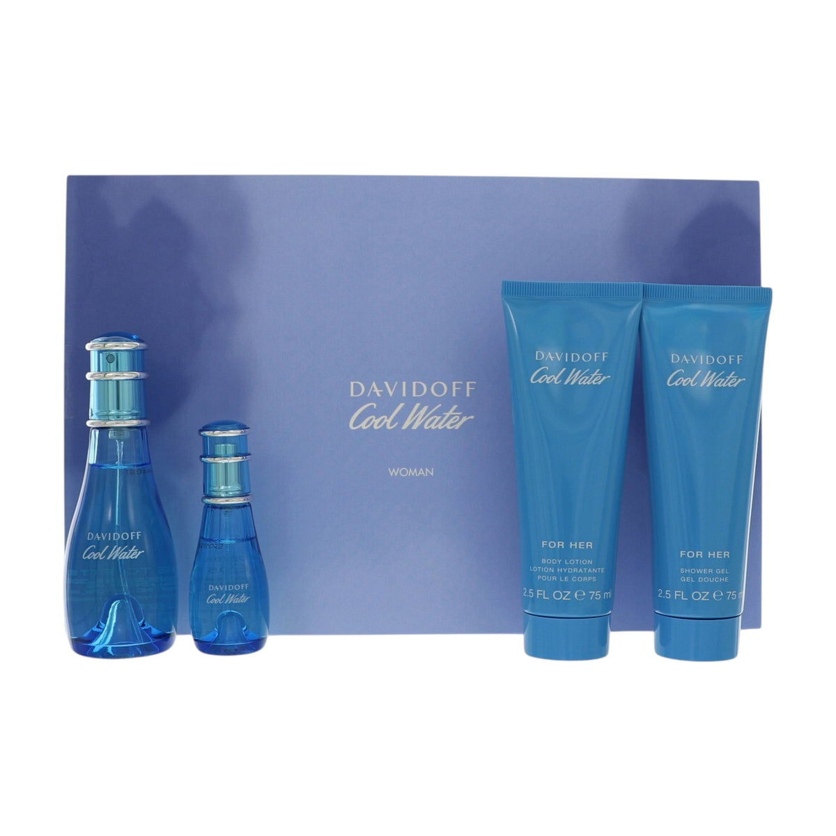 Cool Water by Davidoff for Women - 4 Piece Gift Set - 1.6 oz EDT Spray, 0.5 oz EDT Spray, 2.5 oz Shower Gel, 2.5 oz Body Lotion