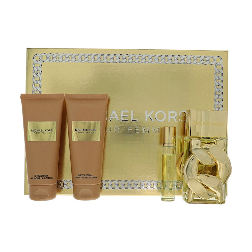 Michael Kors Pour Femme by Michael Kors for Women - 4 Piece Gift Set For Women - 3.4 oz EDP Spray, 0.3 oz EDP Spray, 3.4 oz Shower Gel, 3.4 oz Body Lotion
