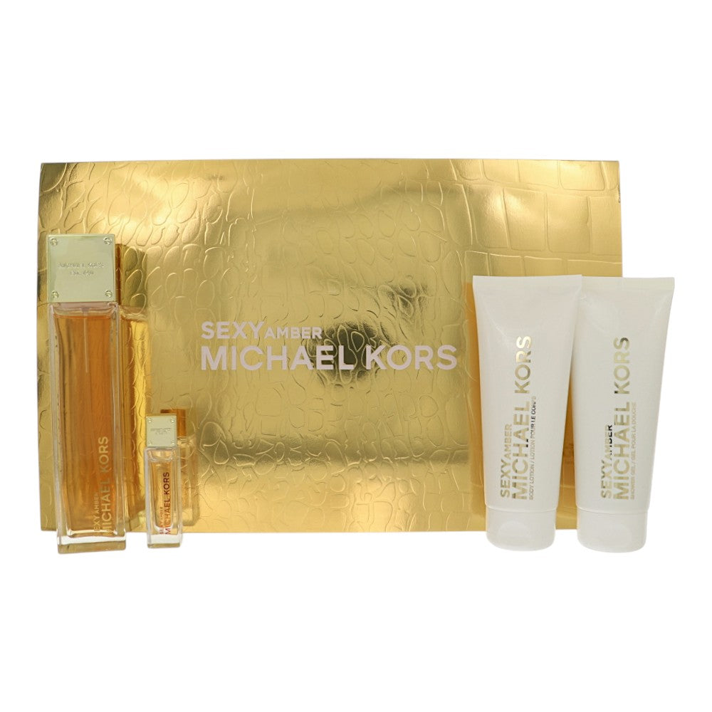 Michael Kors Sexy Amber by Michael Kors for Women - 4 Piece Set For Women: 3.4 oz EDP Spray, 0.17 oz EDP Splash, 3.4 oz Shower Gel, 3.4 oz Body Lotion