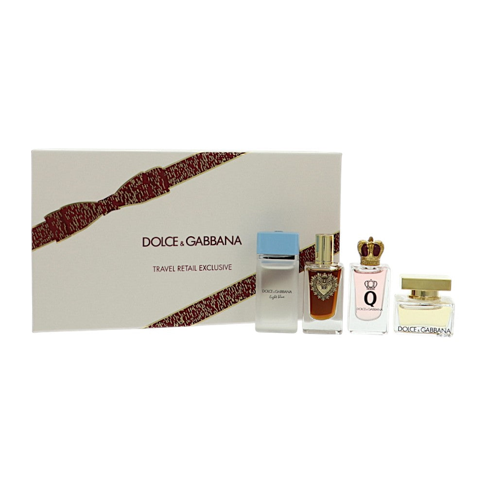 Dolce And Gabbana Variety Mini Set by Dolce And Gabbana for Women - 4 Piece Gift Set - 0.17 oz Light Blue EDT Splash ,0.17 oz Devotion EDP Splash ,0.17 oz Q EDP Splash ,0.17 oz The One EDP Splash