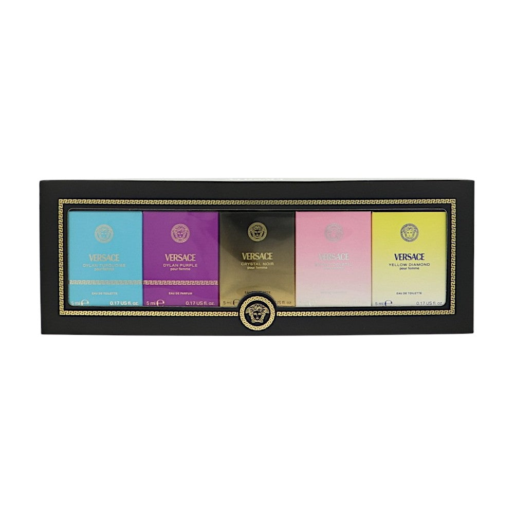 Versace Mini Set by Versace for Women - 5 Piece Splash Set For Women: 0.17 oz Dylan Turquoise EDT , 0.17 oz Dylan Purple EDP , 0.17 oz Crystal Noir EDT , 0.17 oz Bright Crystal EDT , 0.17 oz Yellow Diamond EDT