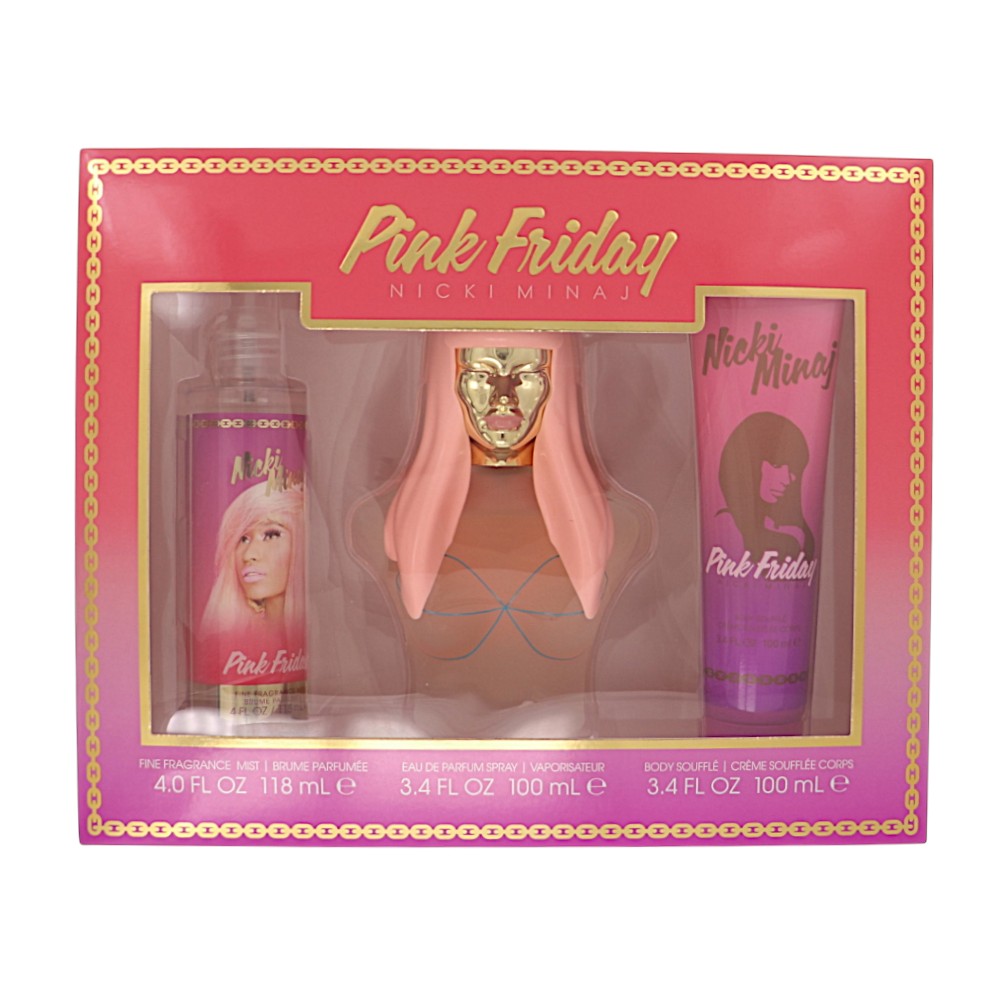 Pink Friday by Nicki Minaj for Women - 3 Piece Gift Set - 3.4 oz EDP Spray ,4 oz Fine Fragrance Mist ,3.4 oz Body Souffle