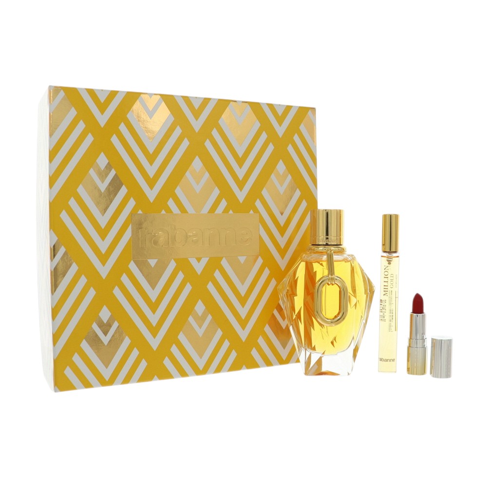 Million Gold For Her by Paco Rabanne for Women - 3 Piece Gift Set For Women - 3.0 oz EDP Spray, 0.33 oz Edp, Lipstick