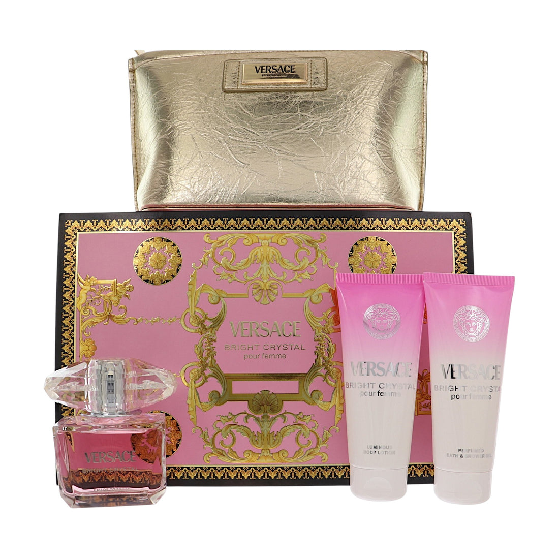 Bright Crystal by Versace for Women - 4 Piece Gift Set - 3.0 oz EDT Spray, 3.4 oz Luminous Body Lotion, 3.4 oz Perfumed Bath and Shower Gel, Pouch
