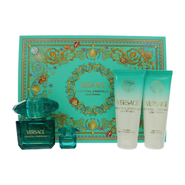 Crystal Emerald by Versace for Women - 4 Pc Gift Set 3 oz EDP Spray,0.17 oz EDP Splash,3.4 oz Body Lotion,3.4 oz Bath & Shower Gel oz