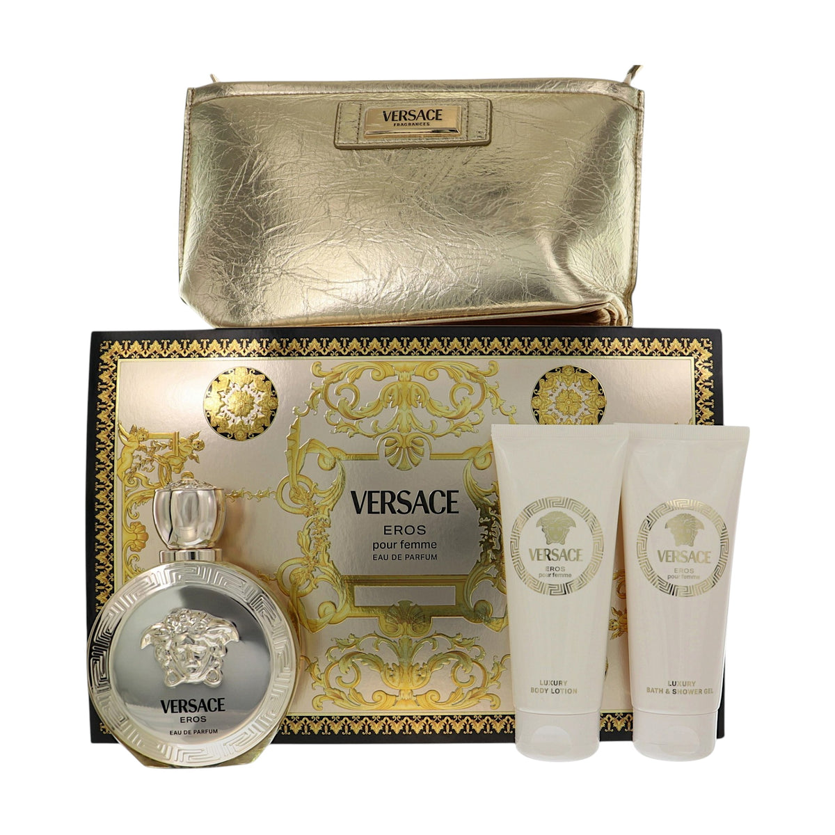 Versace Eros Pour Femme by Versace for Women - 4 Pc Gift Set-3.4 oz EDP Spray,3.4 oz Body Lotion,3.4 oz Shower Gel,gold Pouch oz