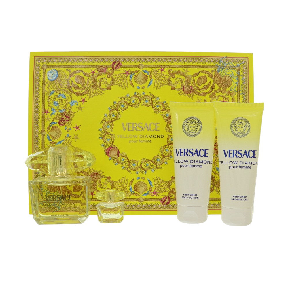 Yellow Diamond by Versace for Women - 4 Piece Gift Set For Women - 3.0 oz EDT Spray, 0.17 oz EDT Spray, 3.4 oz Body Lotion, 3.4 oz Shower Gel