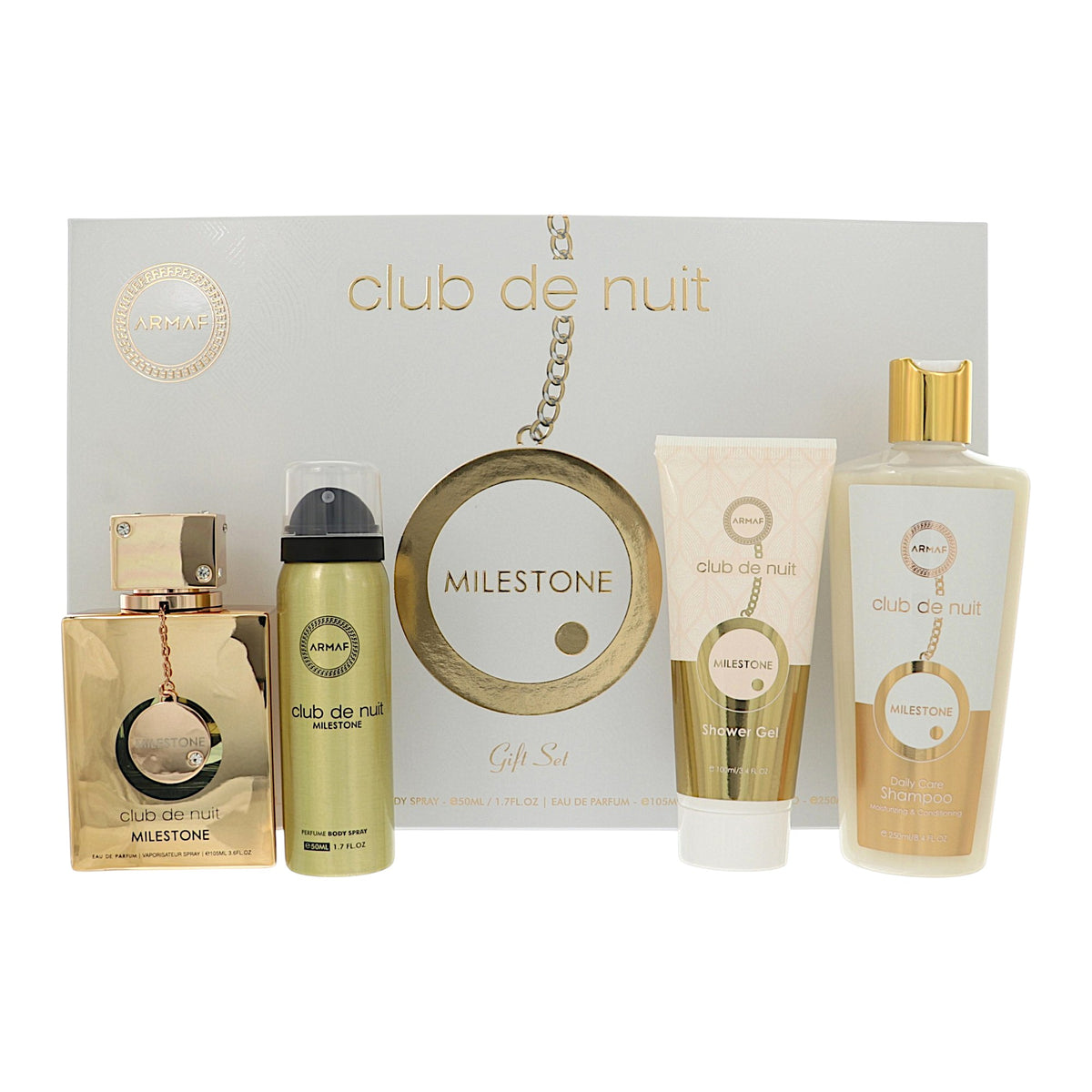 Club De Nuit Milestone by Armaf for Men - 4pc Gift Set- 3.6 oz EDP Spray, 8.4 oz Shampoo, 3.4 oz Shower Gel, 1.7 oz Perfume Body Spray oz