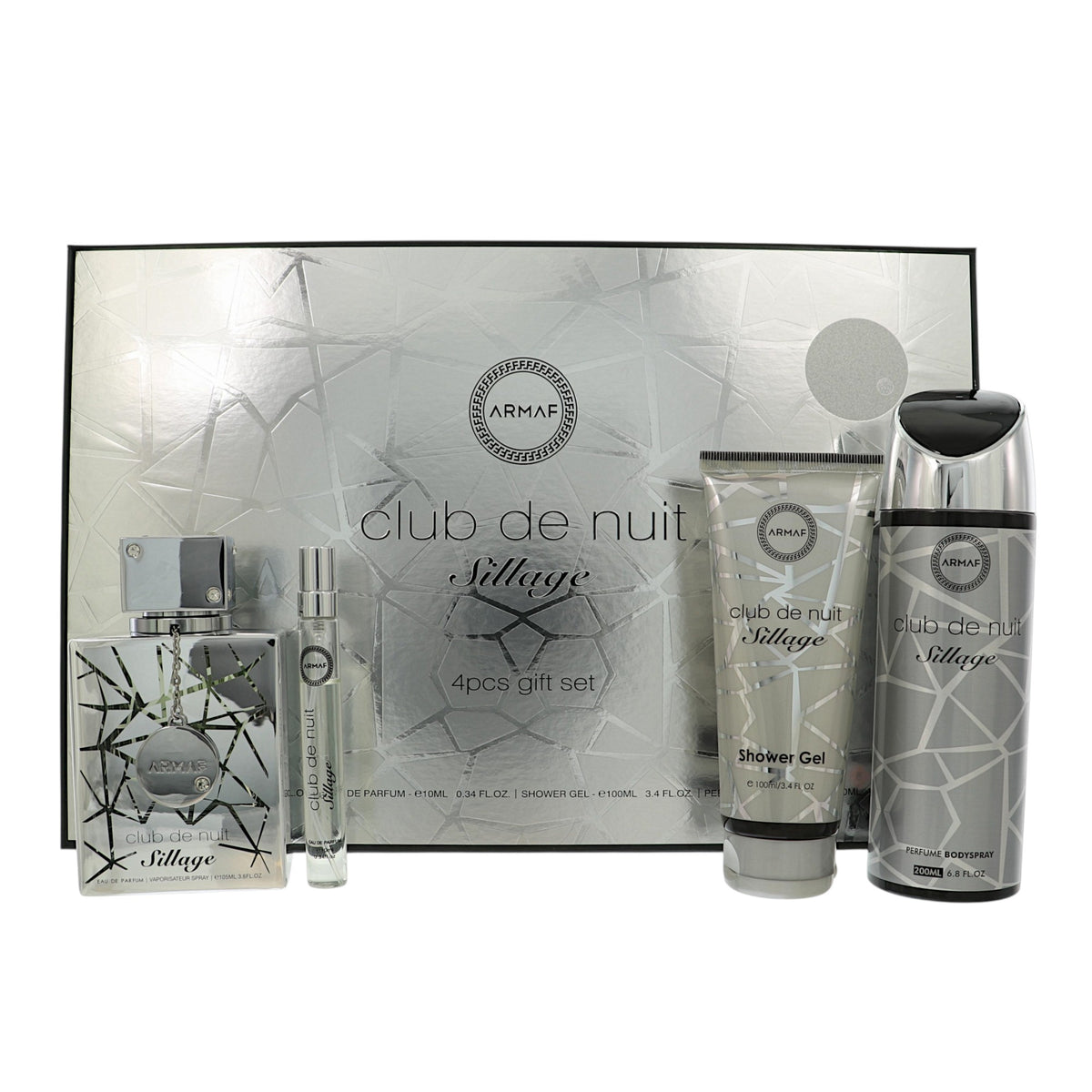 Club De Nuit Sillage by Armaf for Men - 4pc Gift Set- 3.6 oz EDP Spray, 0.34 oz EDP Spray, 3.4 oz Shower Gel,6.8 oz Perfume Body Spray oz