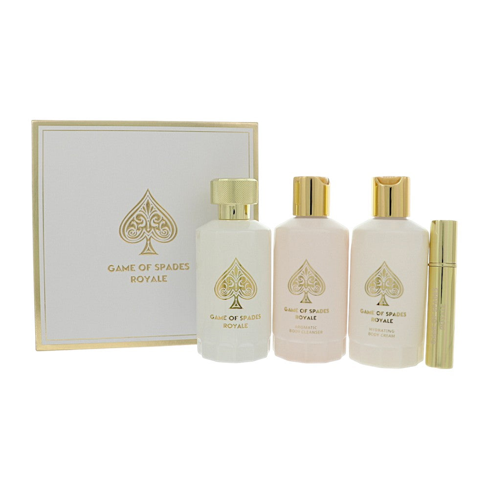 Game Of Spades Royale by Jo Milano for Men - 4 Piece Gift Set For Men - 3.4 oz Parfum Spray, 6.8 oz Aromatic Body Cleanser, 6.8 oz Hydrating Body Cream, 0.27 oz Atomizer