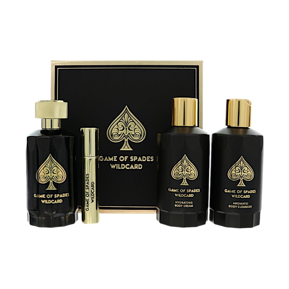 Wild Card by Game Of Spades for Men - 4 Piece Gift Set For Men - 3.4 oz Parfum Spray, 6.8 oz Body Cleanser, 6.8 oz Body Cream, 0.27 oz Atomizer