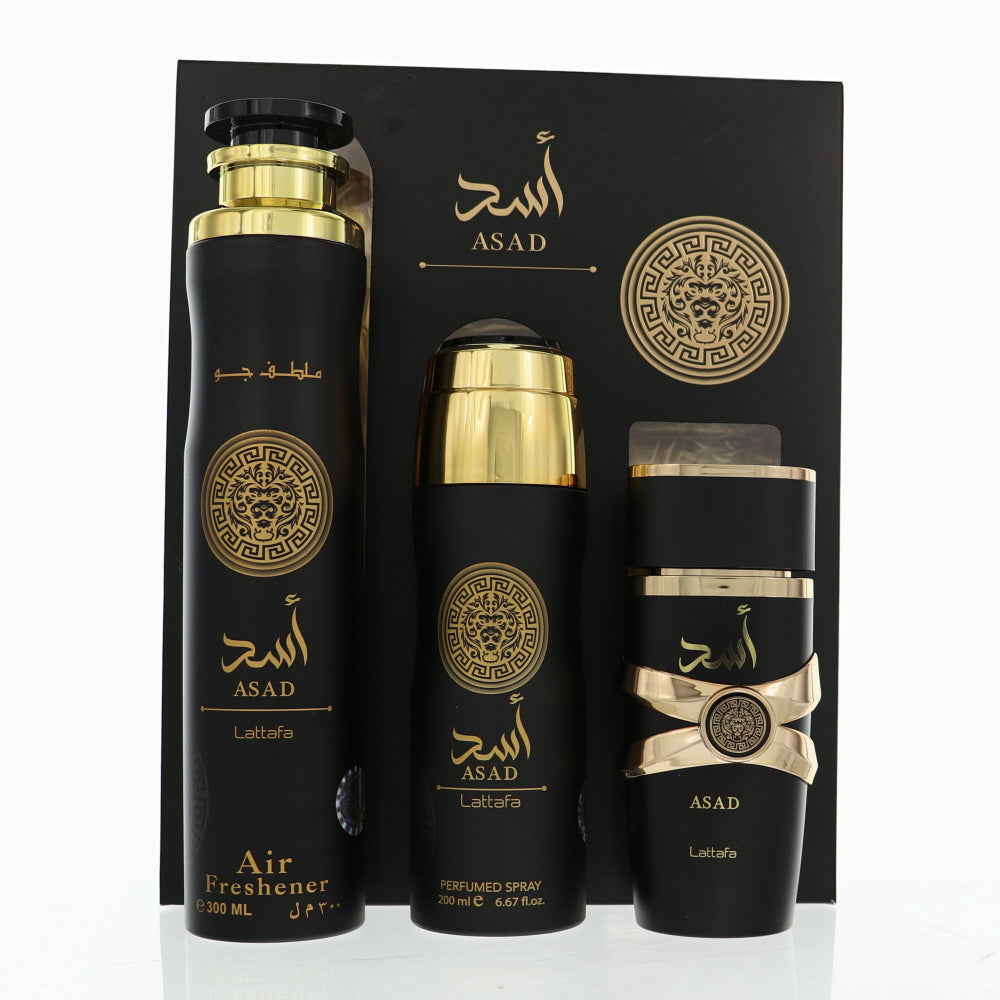 Asad by Lattafa for Men - 3 Piece Gift Set For Men - 3.4 oz EDP Spray, 6.67 oz Perfume Spray, 10 oz Air Freshener