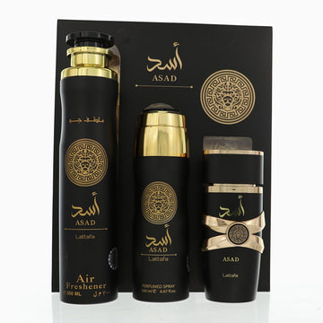 Asad by Lattafa for Men - 3 Piece Gift Set For Men - 3.4 oz EDP Spray, 6.67 oz Perfume Spray, 10 oz Air Freshener