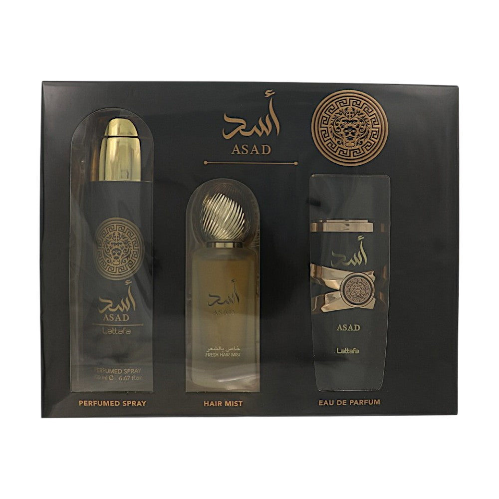Asad by Lattafa for Men - 3 Piece Gift Set For Men - 3.4 oz EDP Spray, 1.7 oz Hair Mist, 6.67 oz Perfumed Spray