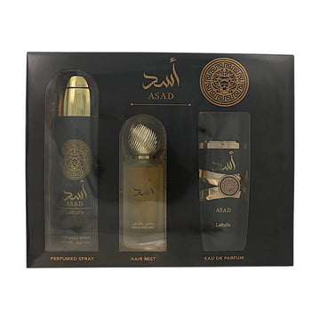 Asad by Lattafa for Men - 3 Piece Gift Set For Men - 3.4 oz EDP Spray, 1.7 oz Hair Mist, 6.67 oz Perfumed Spray