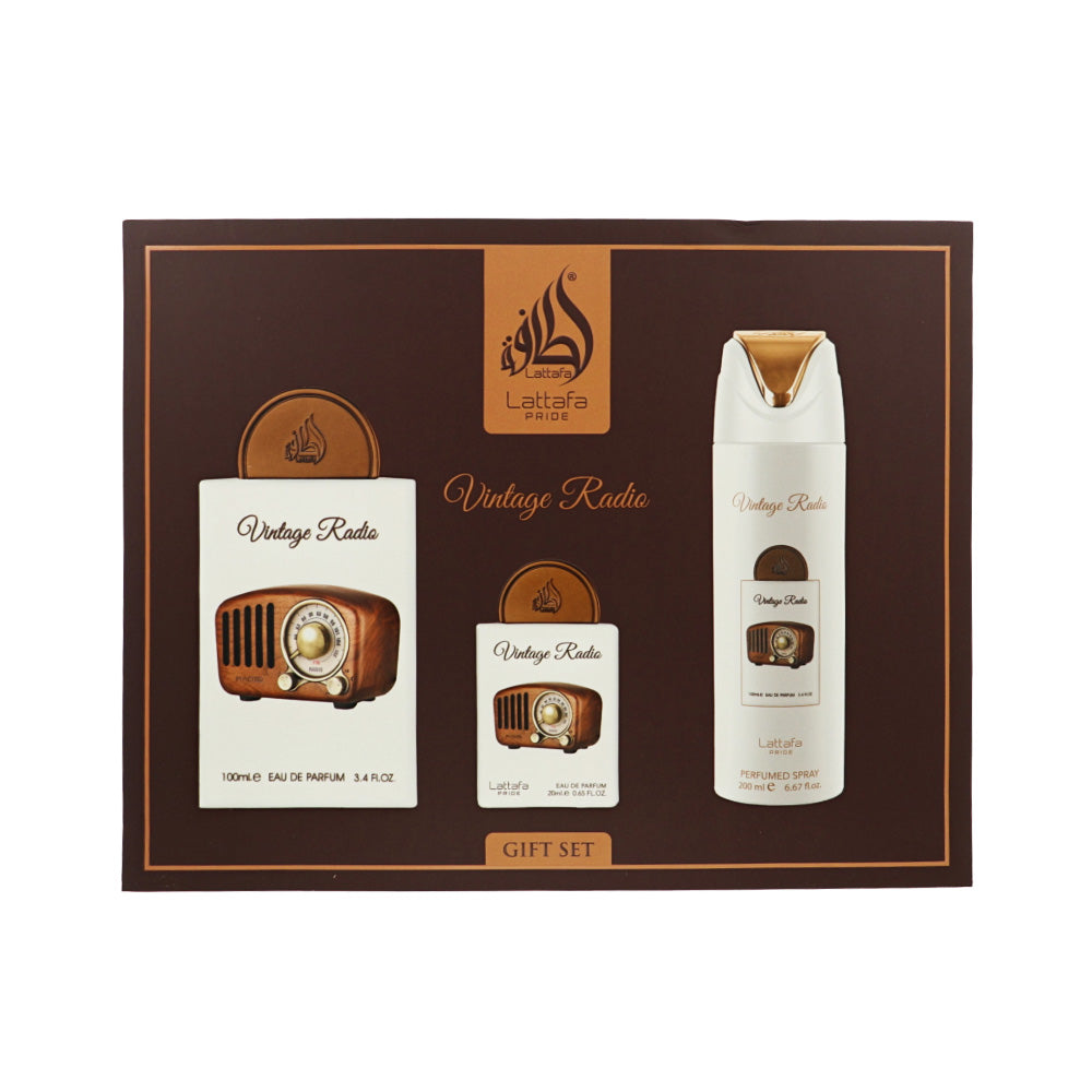Vintage Radio by Lattafa for Men - 3 Piece Gift Set For Men - 3.4 oz EDP Spray, 0.65 oz EDP Spray, 6.67 oz Perfumed Spray