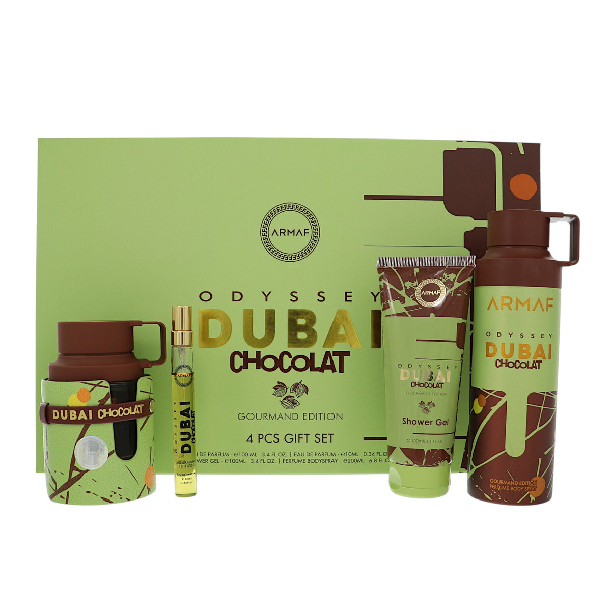 Odyssey Dubai Chocolate by Armaf for Men - 4 Piece Gift Set - 3.4 oz EDP Spray, 0.34 oz EDP , 6.8 oz Perfum Body Spray, 3.4 oz Shower Gel