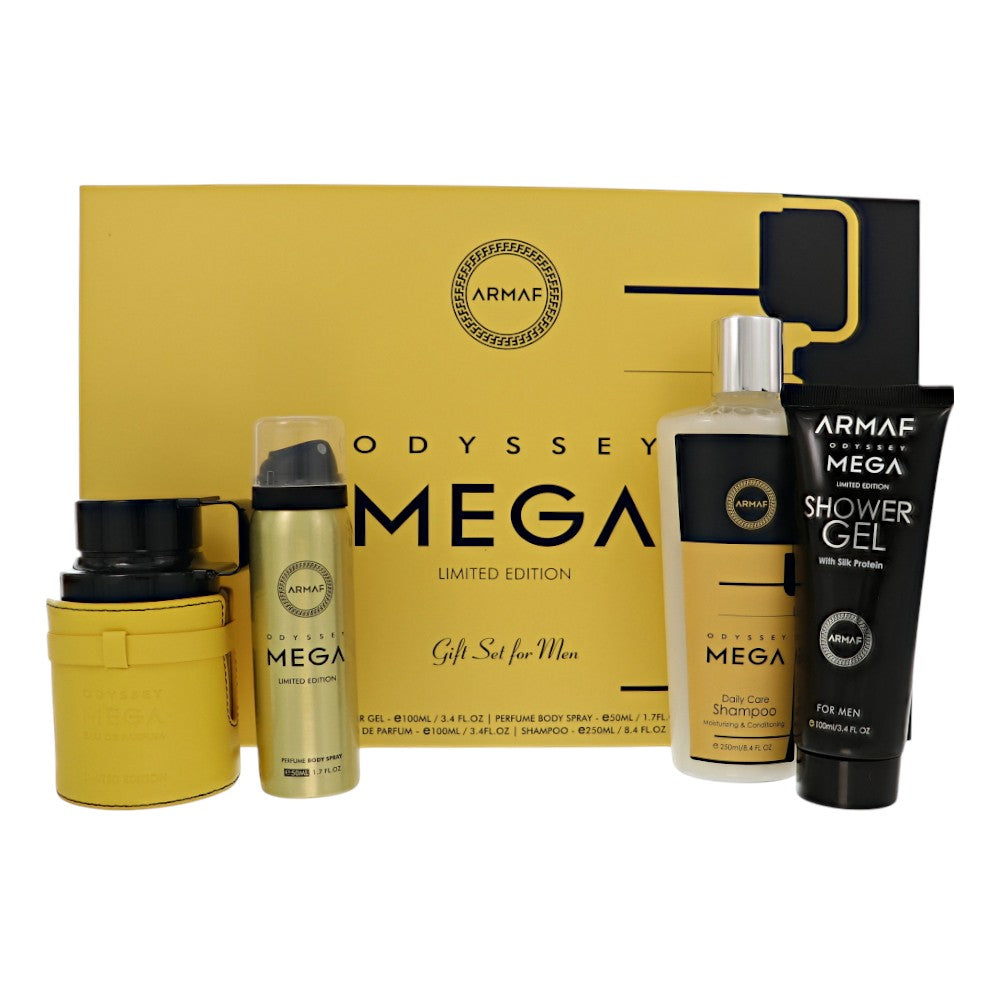 Odyssey Mega Limited Edition by Armaf for Men - 4 Piece Gift Set For Men - 3.4 oz EDP Spray, 8.4 oz Shampoo, 3.4 oz Shower Gel, 1.7 oz Perfume Bodyspray